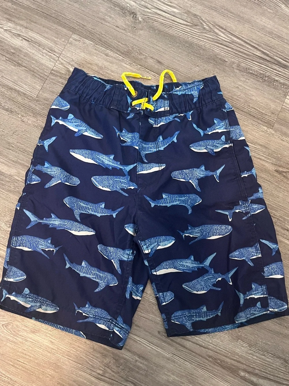 GAP Navy Shark Print Swim Shorts with Yellow Drawstring